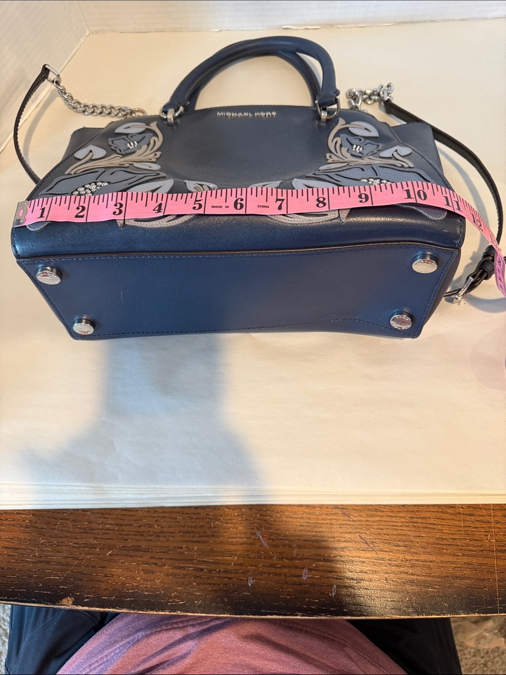 Michael Kors Navy Floral Appliqué Satchel with Removable Strap - Picture 7 of 9